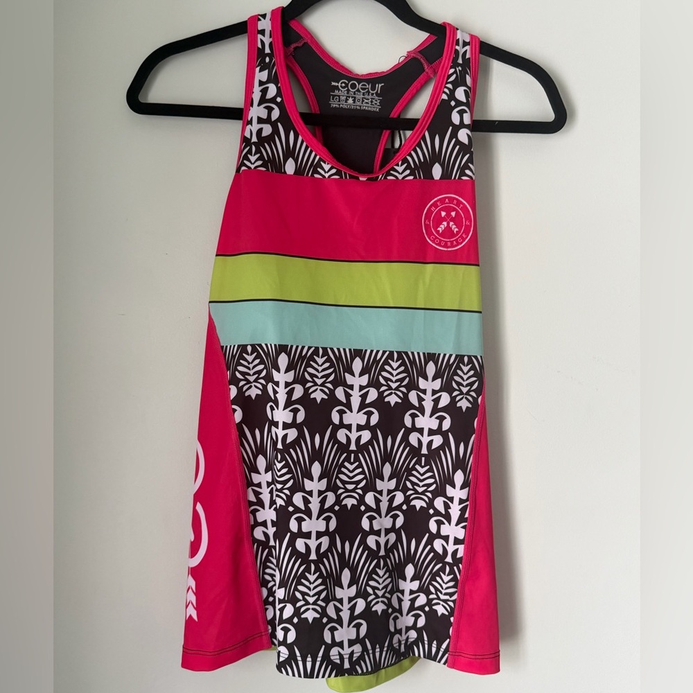 Coeur Sports Tropical Punch Triathlon Tank Women's L Made in USA Built-In Bra